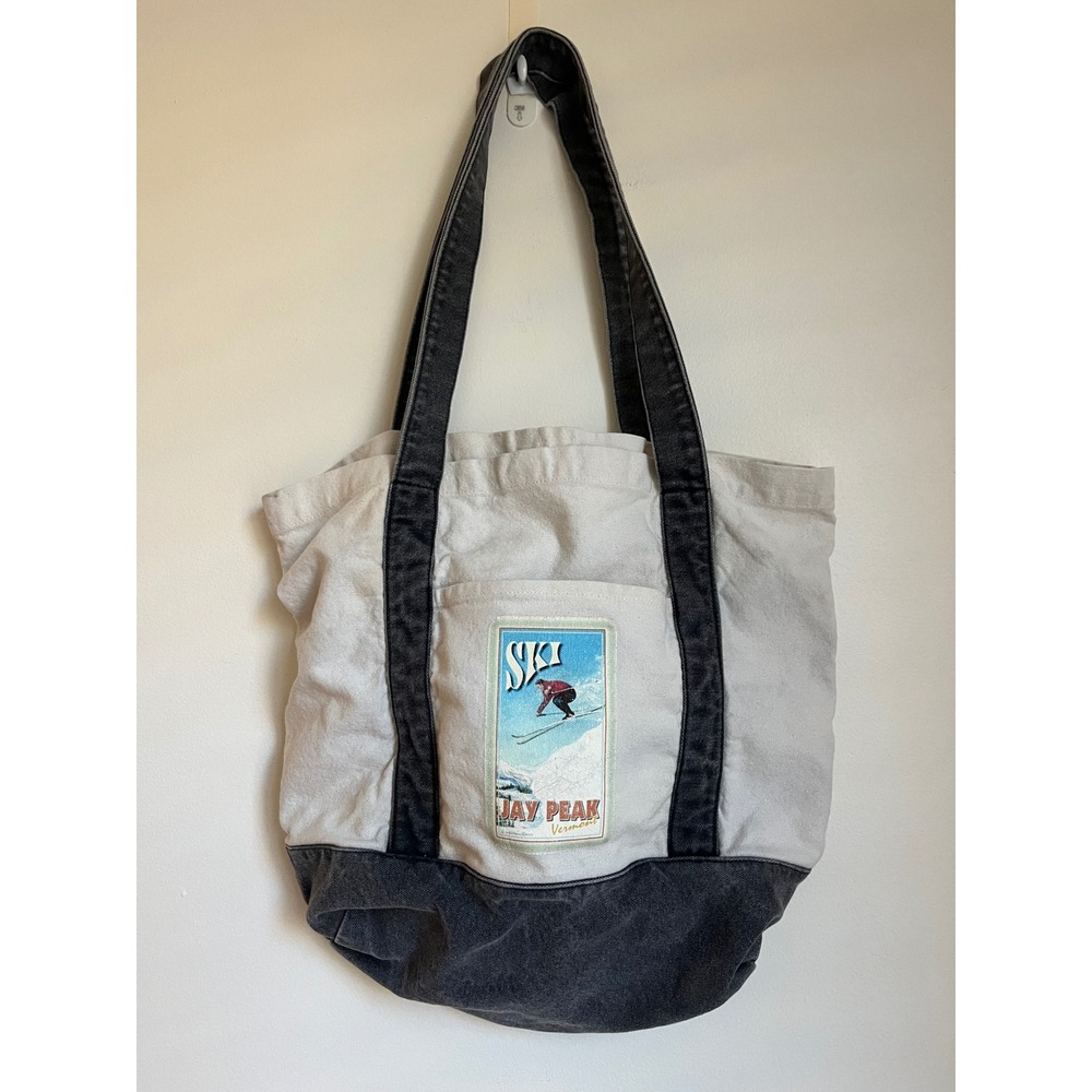 BAG Jay Peak Vermont Ski Canvas Tote Bag White Black Washed Retro Graphic Ski‎